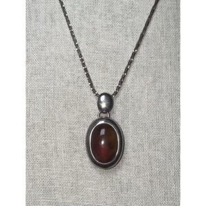 Vintage Sterling Silver 925 Oval Amber Pendant & Chain 22" Estate Jewelry